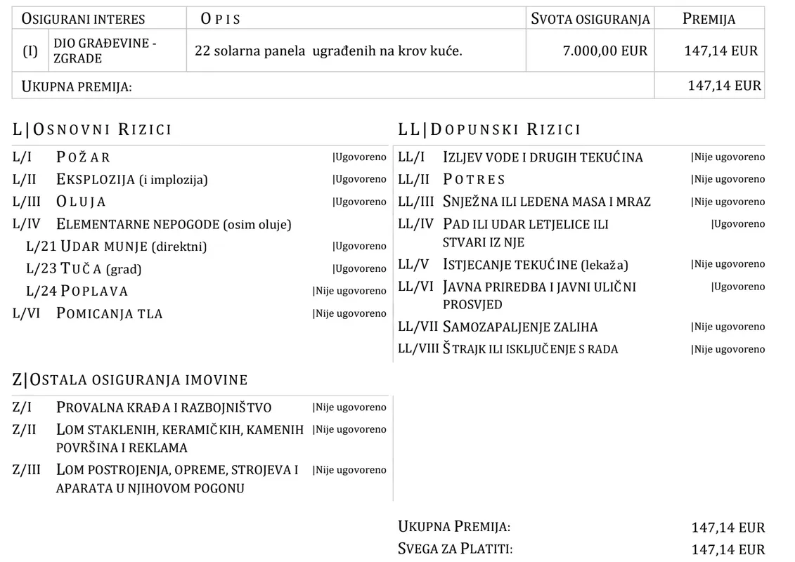 Izvadak iz ponude osiguranja za solarnu elektranu koju su nam dostavili iz Euroherc osiguranja. Navedeni su osigurani rizici kao i iznos godišnje premije.