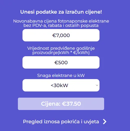 Preslika informativnog izračuna za osiguranje fotonaponske elektrane na platformi Insurpad.